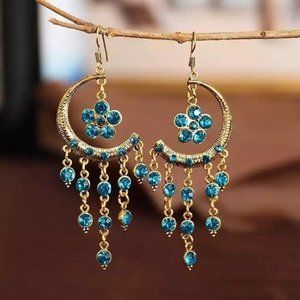 Moon & Flower earrings crescent celestial blue gold floral antique bohemian